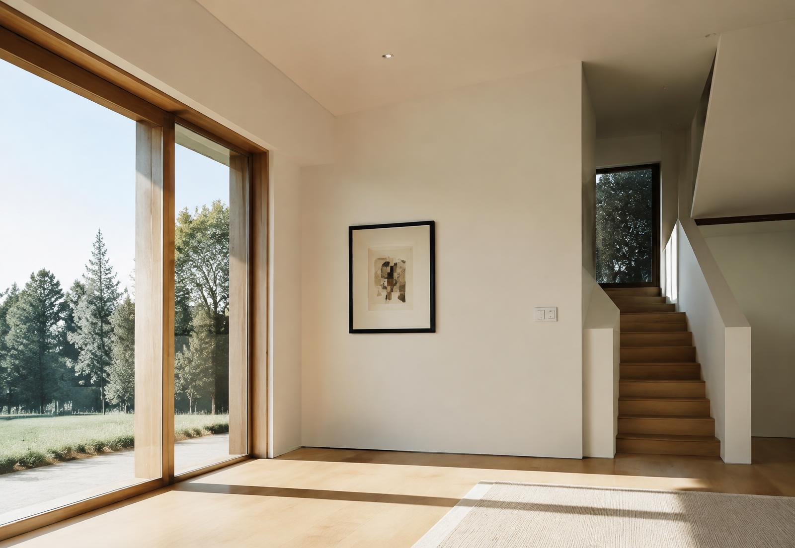 Interior residencial luminoso con madera y paredes blancas